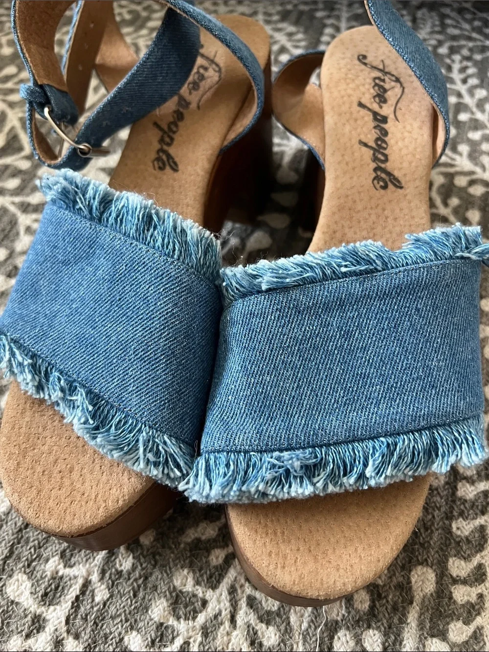 Free people frayed denim chunky wood heel platform sandals
